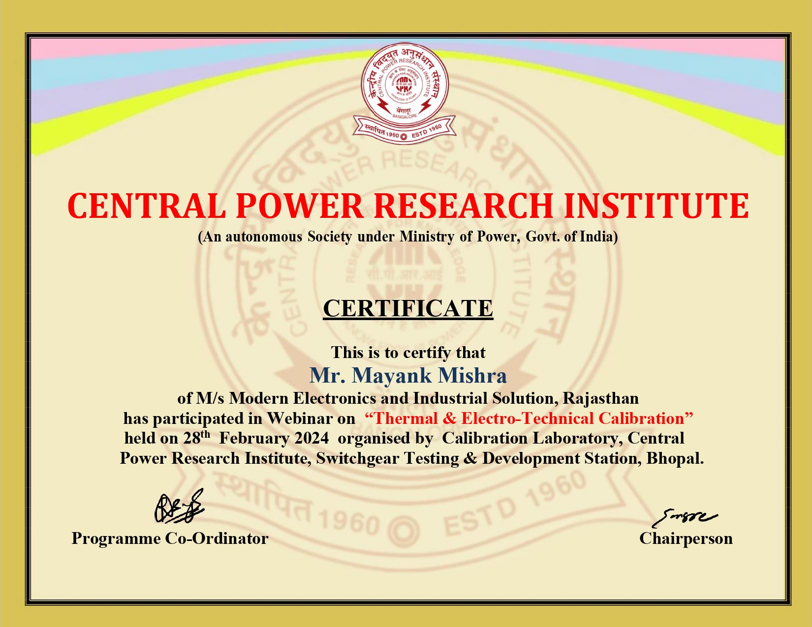 Mayank Mishra – Thermal & Electro-Technical Calibration, CPRI